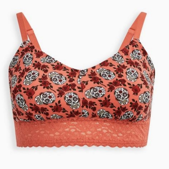 🟣Torrid Curve Bralette Plus Size 3 - Lightly Lined Cotton Lace Hem Ditsy Skull - Picture 3 of 13